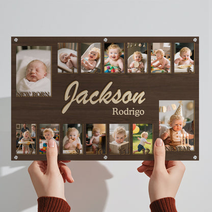 Custom Baby First Year Photo Frame – Personalized Wooden Keepsake for 14 Photos – Gift for New Parents or Baby Shower