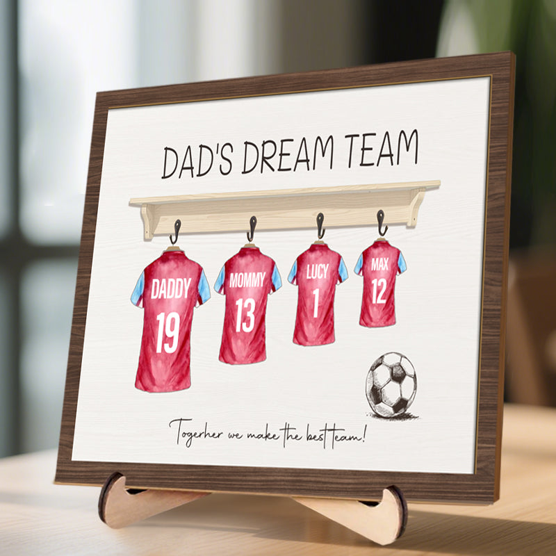 Custom Dad’s Dream Team Football Shirt Print - 2-Layered Wooden Sign Keepsake for Father’s Day, Dad, Grandad, and Football Fans