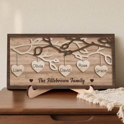 Custom 3-Layer Wooden Family Tree Sign with Hanging Hearts – Personalized Gift for Mom, Dad & Family
