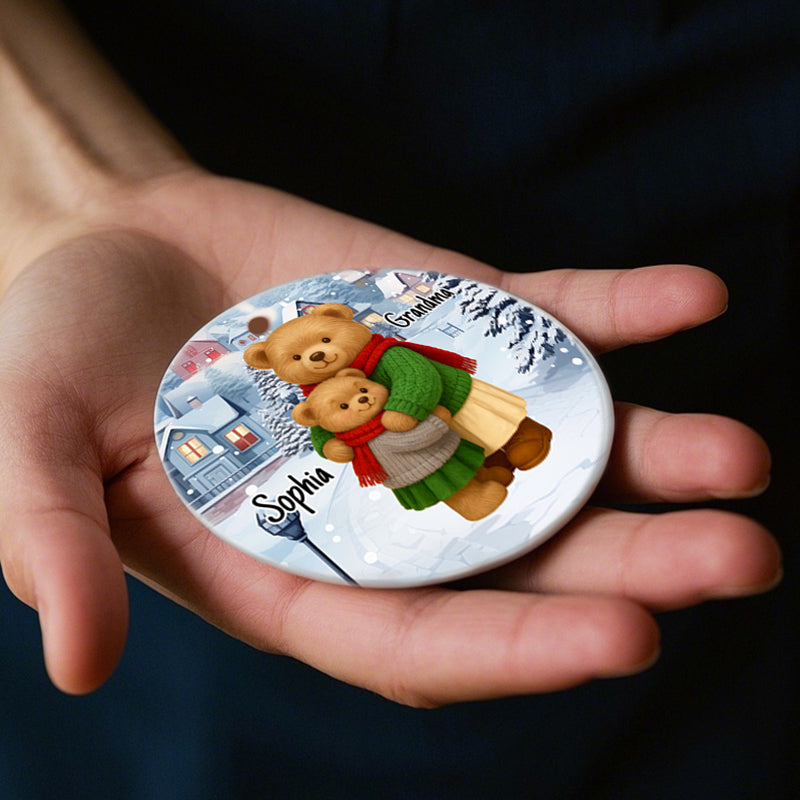 Heartwarming Teddy Bear Grandma Hugging Grandkid - Personalized Ceramic Ornament - Gift For Grandkids, Granddaughter, Grandson