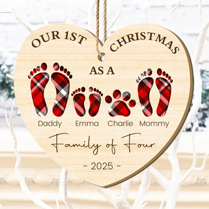 First Christmas as a Family of Four – Personalized Wooden Footprint Heart Ornament – Gift for Families & Loved Ones