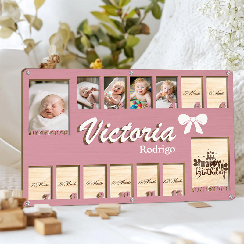 Custom Baby Monthly Milestone Frame  – Personalized Wooden Keepsake for 14 Photos – Gift for New Parents or Baby Shower