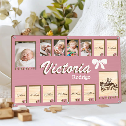 Custom Baby Monthly Milestone Frame  – Personalized Wooden Keepsake for 14 Photos – Gift for New Parents or Baby Shower