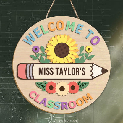Custom “Welcome to Classroom” Wooden Sign – Personalized Floral Pencil Design – Back to School or Teacher Gift