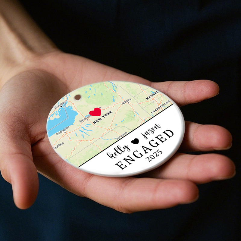 Personalized  City Map Ornament – Custom Ceramic Keepsake with Names, Year & Photo – Gift for Engagement, Wedding & Anniversary