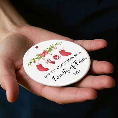 Our First Christmas as a Family of Four – Personalized Ceramic Ornament with Hanging Stockings & Greenery