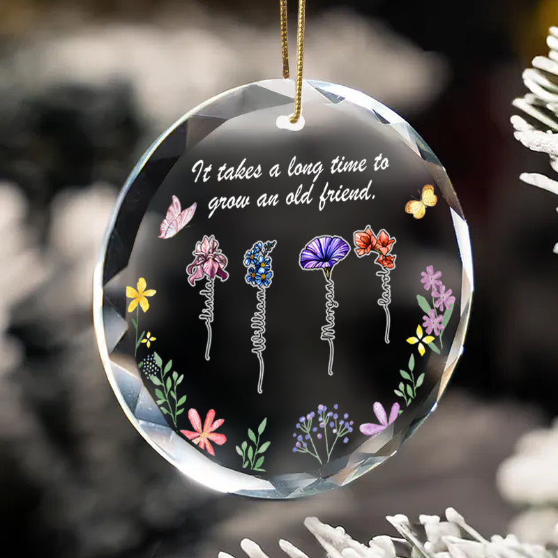 Personalized Floral Friendship Ornament – Custom Glass Keepsake with Names & Bloom Design – Gift for Friends & Special Bonds