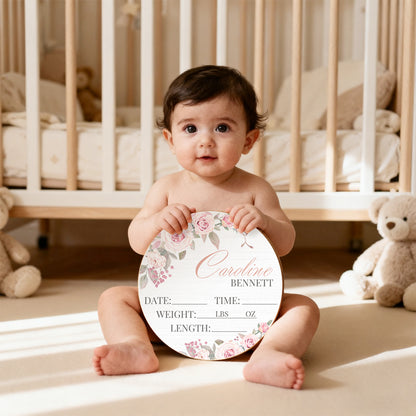 Personalized Baby Stats Wooden Sign – Custom Floral Design for Nursery, Hospital Door, or Baby Shower Gift