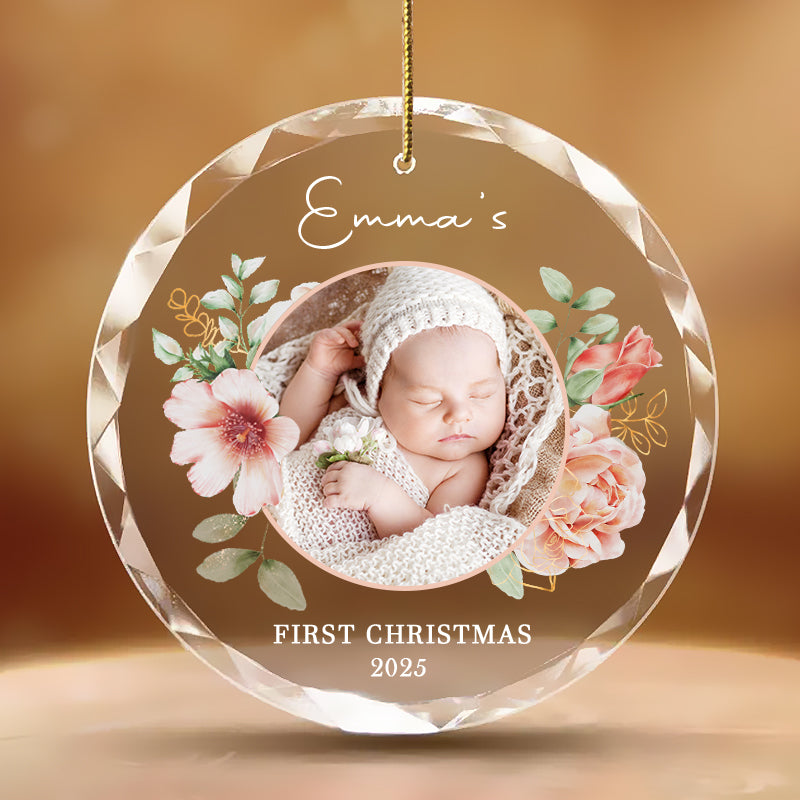 Personalized Baby Photo Ornament – Custom Glass Keepsake for First Christmas 2025 – Floral Gift for Families