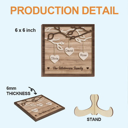 Custom 3-Layer Wooden Family Tree Sign with Hanging Hearts – Personalized Gift for Mom, Dad & Family