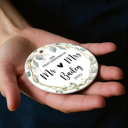 Personalized Our First Christmas as Mr ❤ Mrs Ornament – Custom Ceramic Keepsake with Last Name & Year – Gift for Newlyweds, Spouse, or Married Couple