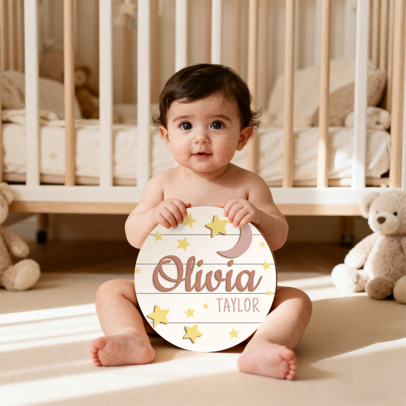 Personalized Baby Name Wooden Sign – Custom Starry Sky Design for Nursery, Hospital Door, or Baby Shower Gift
