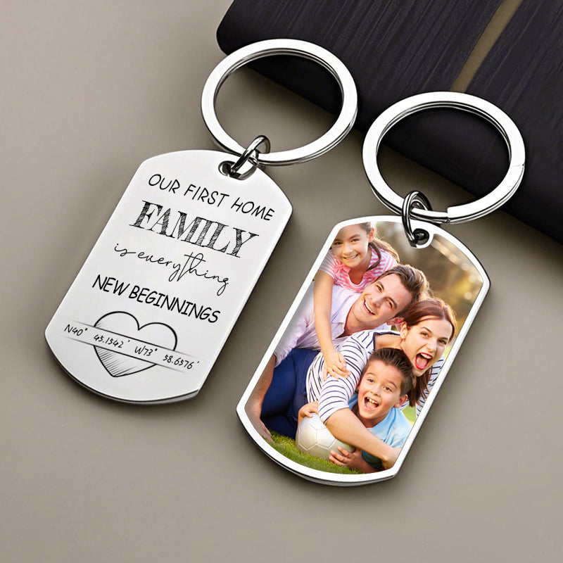 Custom Photo Our First Home – Personalized Keepsake Keychain with Coordinates for Families, Housewarmings, and New Beginnings