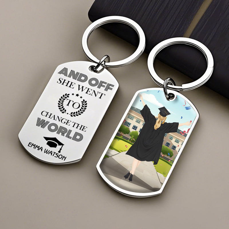 Custom Graduation Keychain – “And Off She/He Went to Change the World” Personalized Gift for Daughter, Son, or Graduate