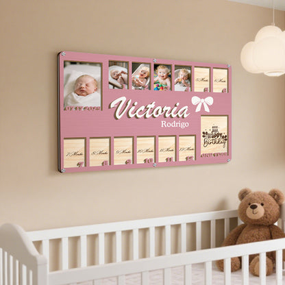 Custom Baby Monthly Milestone Frame  – Personalized Wooden Keepsake for 14 Photos – Gift for New Parents or Baby Shower