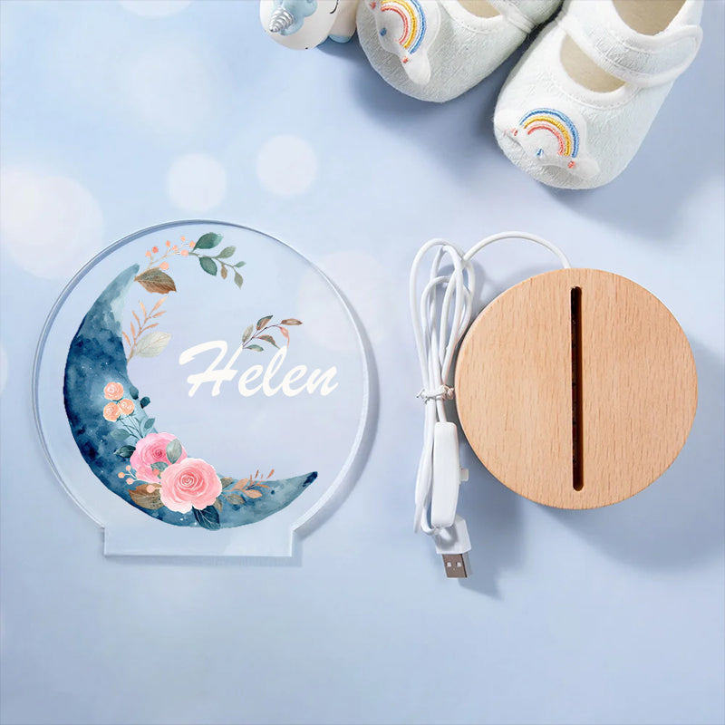 Personalized Baby Night Light with Moon and Flowers – Custom Name Nursery Lamp Keepsake – Unique Gift for Baby Showers, Newborns & Nursery Decor