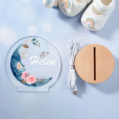 Personalized Baby Night Light with Moon and Flowers – Custom Name Nursery Lamp Keepsake – Unique Gift for Baby Showers, Newborns & Nursery Decor