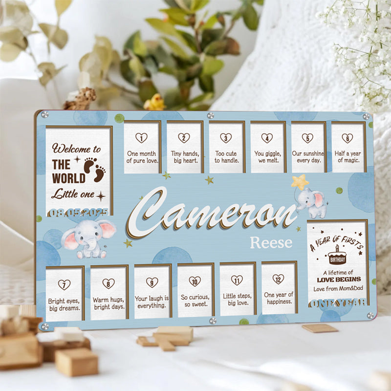 Custom Baby Monthly Milestone Frame – Personalized Wooden Keepsake for 14 Photos with Monthly Captions – Gift for New Parents or Baby Shower