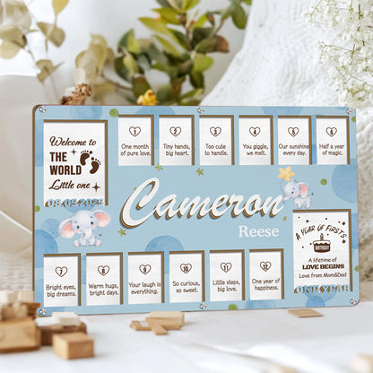 Custom Baby Monthly Milestone Frame – Personalized Wooden Keepsake for 14 Photos with Monthly Captions – Gift for New Parents or Baby Shower
