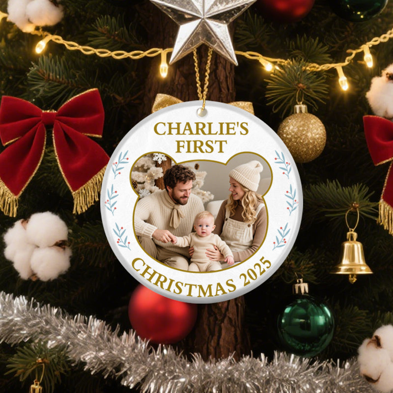 Personalized Baby’s First Christmas Ornament – Custom Bear Photo with Name and Year – Gift for Babies and Families