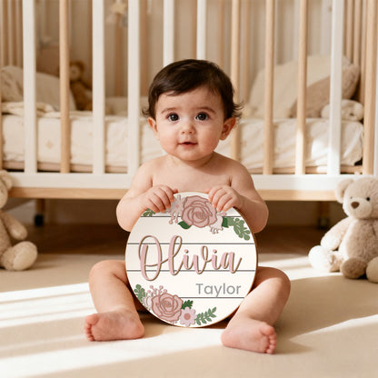 Personalized Baby Name Wooden Sign – Custom Floral Design for Nursery, Hospital Door, or Baby Shower Gift