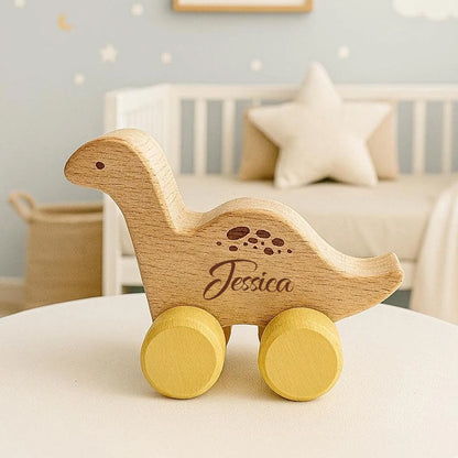 Personalized Dinosaur Family Toy on Wheels – Custom Wooden Keepsake with Engraved Names – Gift for Babies and Families
