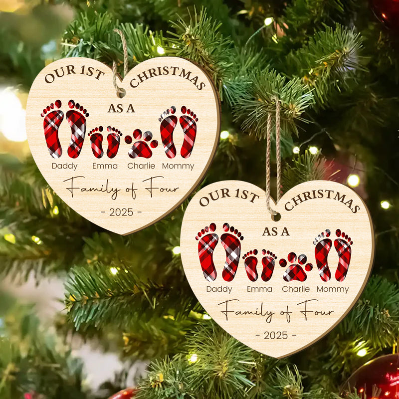 First Christmas as a Family of Four – Personalized Wooden Footprint Heart Ornament – Gift for Families & Loved Ones