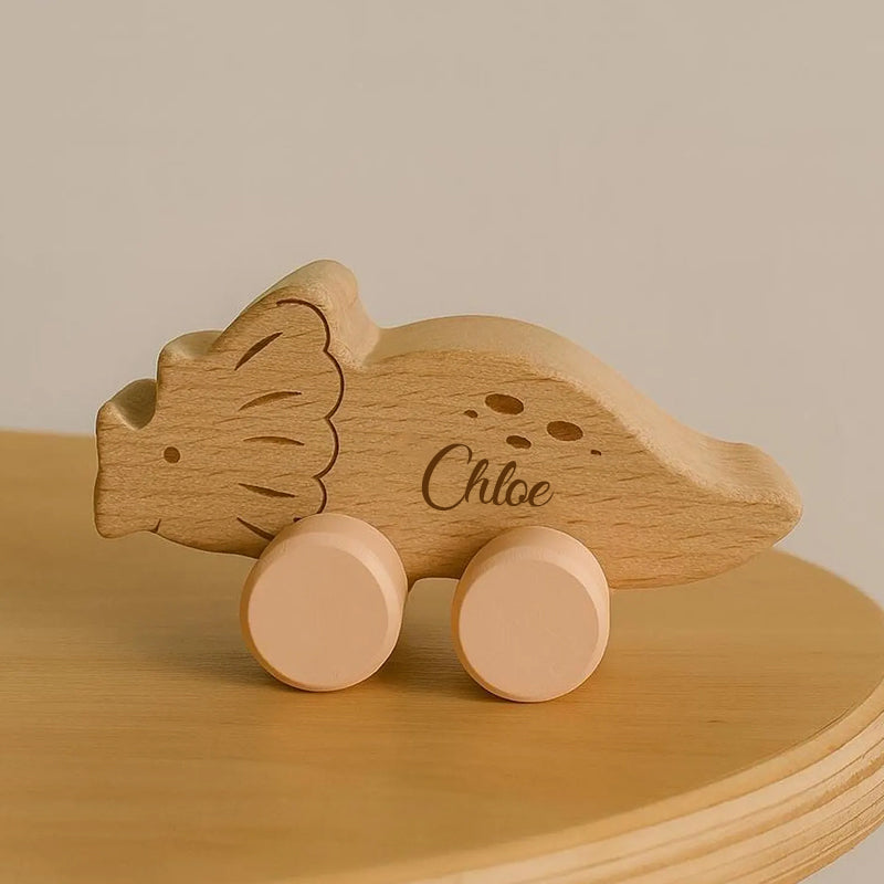 Personalized Dinosaur Family Toy on Wheels – Custom Wooden Keepsake with Engraved Names – Gift for Babies and Families