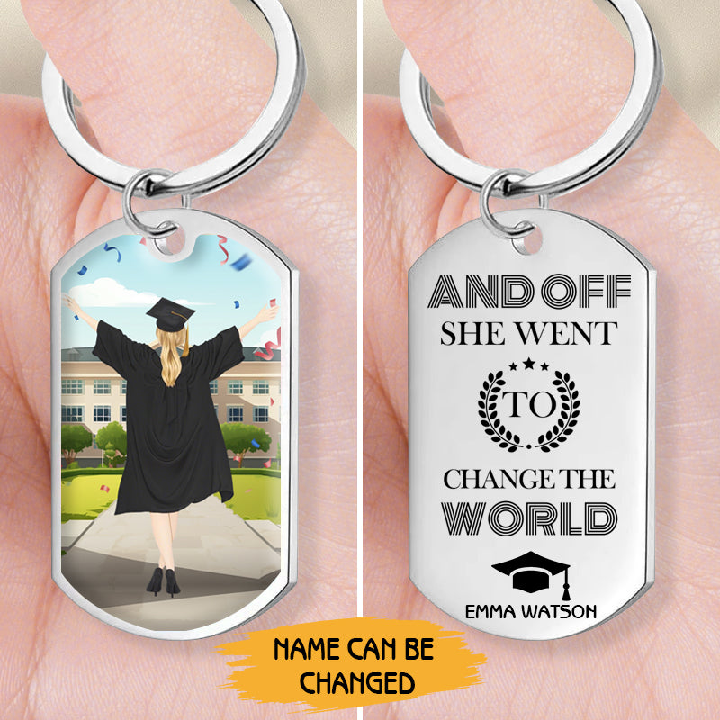 Custom Graduation Keychain – “And Off She/He Went to Change the World” Personalized Gift for Daughter, Son, or Graduate