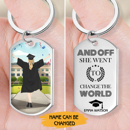 Custom Graduation Keychain – “And Off She/He Went to Change the World” Personalized Gift for Daughter, Son, or Graduate