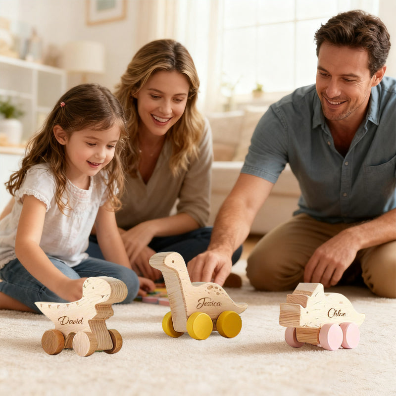 Personalized Dinosaur Family Toy on Wheels – Custom Wooden Keepsake with Engraved Names – Gift for Babies and Families