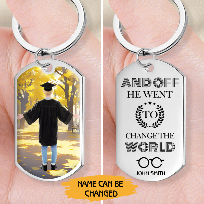 Custom Graduation Keychain – “And Off She/He Went to Change the World” Personalized Gift for Daughter, Son, or Graduate