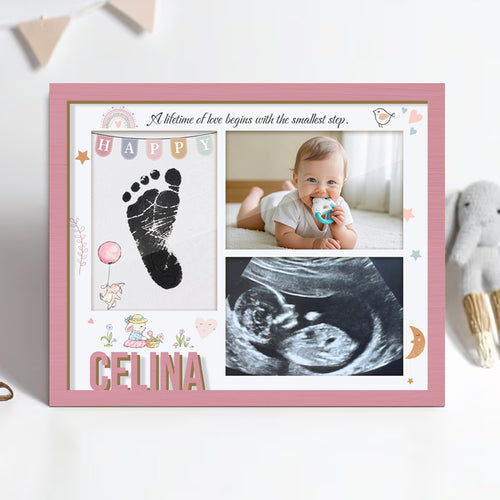 Personalized baby handprint footprint frame, Custom wooden baby keepsake frame, Handprint and footprint gift for parents, Personalized baby memory frame for grandparents