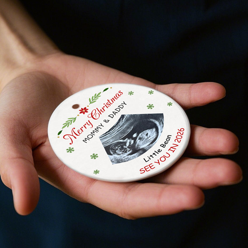 Custom Baby Name Christmas Ornament with Ultrasound, Merry Christmas Mommy & Daddy, See You in 2026, Ceramic Holiday Gift Baby Shower Gift