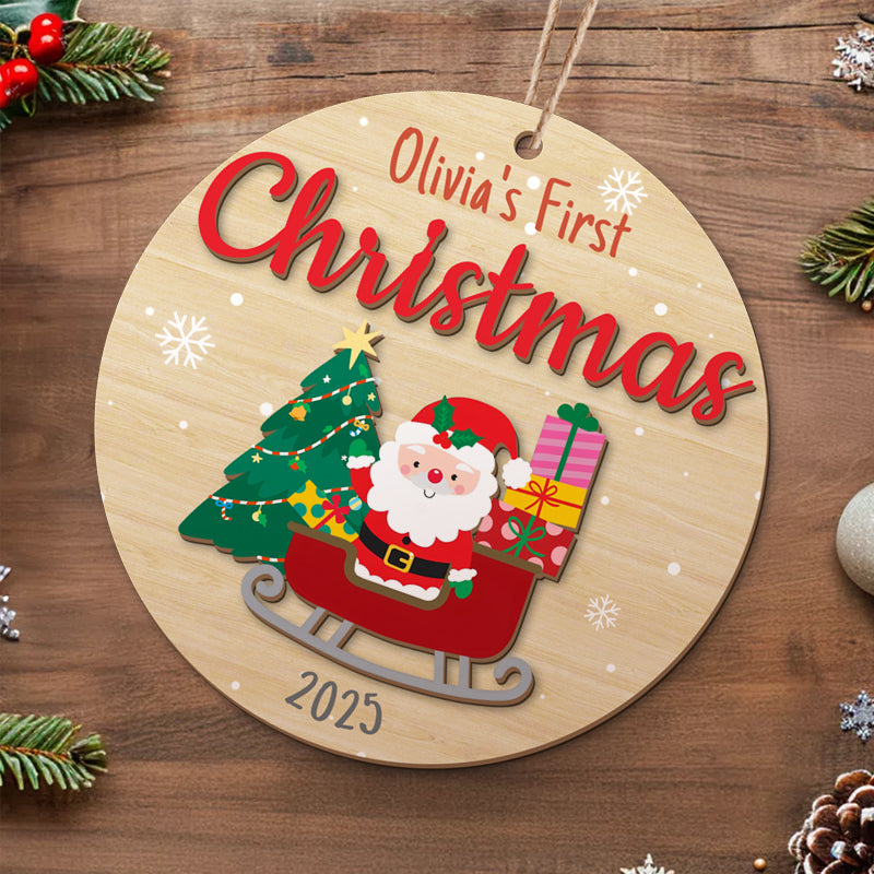 Baby's First Christmas Personalized Ornament, Wooden Santa Sleigh Design, Custom Name and 2025 Year, Festive Holiday Decoration