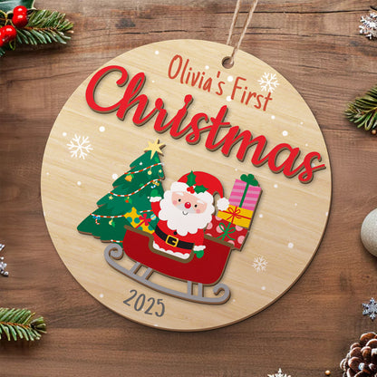 Baby's First Christmas Personalized Ornament, Wooden Santa Sleigh Design, Custom Name and 2025 Year, Festive Holiday Decoration