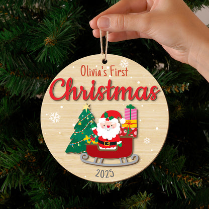 Personalized Baby First Christmas Keepsake, Wooden Ornament with Santa, Christmas Tree and Gifts, Customizable with Baby Name and Year