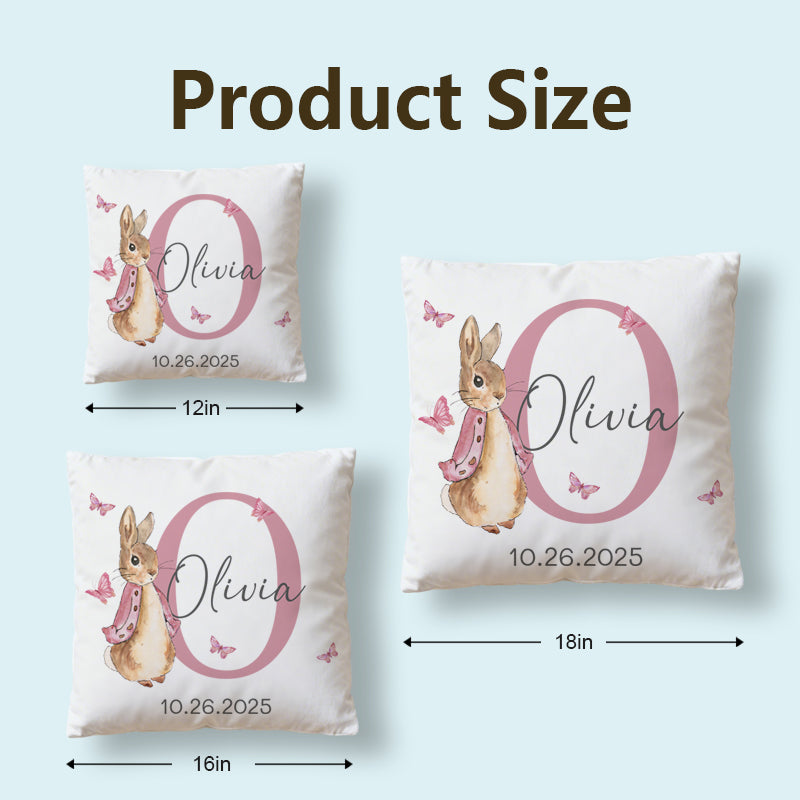 Personalized Peter Rabbit baby pillow, a warm and whimsical keepsake to decorate your nursery and cherish your baby’s name and special date for years to come.
