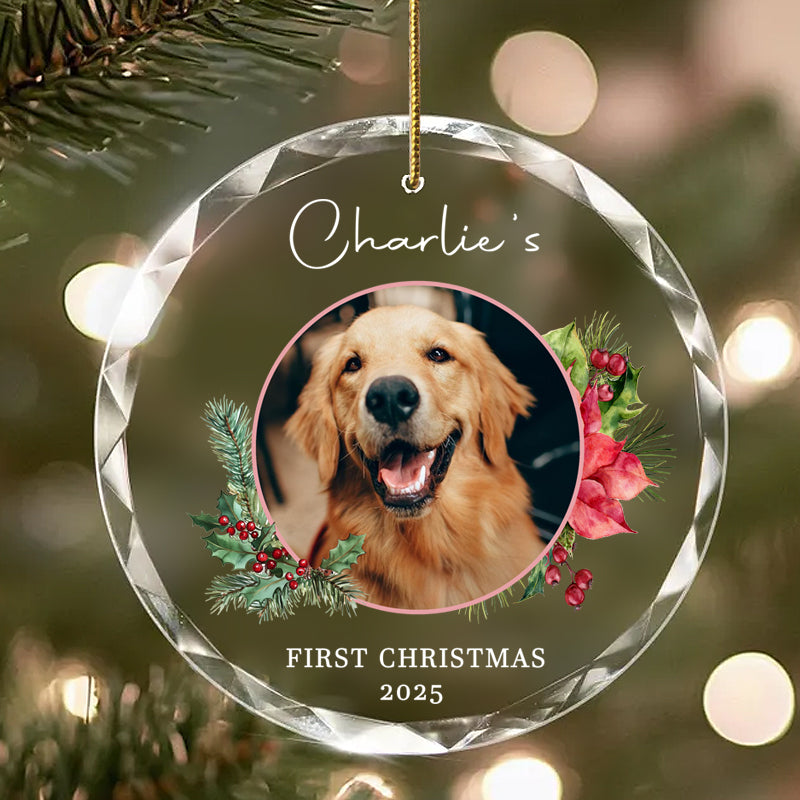 Personalized crystal ornament with Charlie the golden retriever, "First Christmas 2025". Custom pet memorial holiday decor,  for pet owners and Christmas gifts.