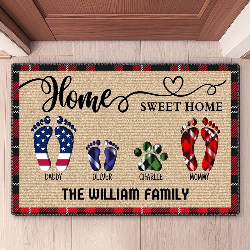 Personalized family doormat with custom footprints for family members and pets. Customize with 3-11 footprints, 5 colors, and your family name (e.g., The William Family).