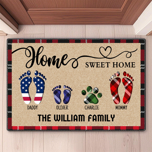 Personalized family doormat with custom footprints for family members and pets. Customize with 3-11 footprints, 5 colors, and your family name (e.g., The William Family).