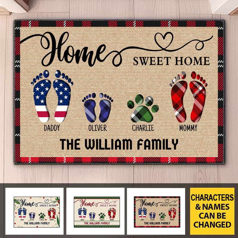ersonalized doormat for your family (e.g., The William Family) with custom footprints for dad, mom, kids, and pets. Customize 3-11 footprints, 5 colors, and your family name.
