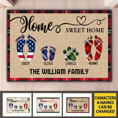 ersonalized doormat for your family (e.g., The William Family) with custom footprints for dad, mom, kids, and pets. Customize 3-11 footprints, 5 colors, and your family name.