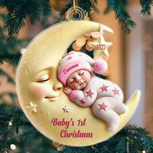 Personalized moon and baby Christmas ornament, a special keepsake for marking a newborn’s first Christmas, perfect for gifting to new parents or cherishing your own baby’s first festive.