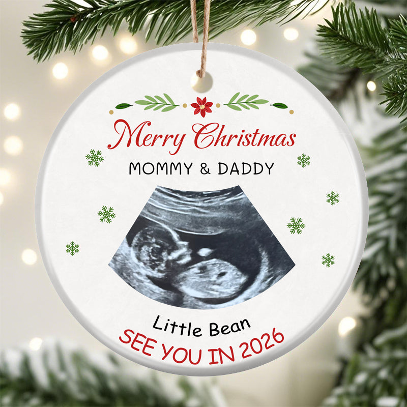 Personalized Baby Ultrasound Christmas Ornament, Merry Christmas Mommy & Daddy, Custom Baby Name See You in 2026, Ceramic Holiday Keepsake for Expecting Parents
2.