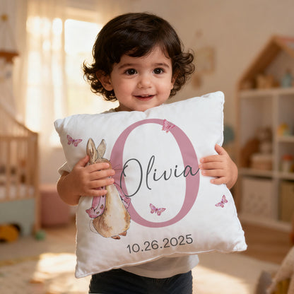 Personalized Peter Rabbit nursery pillow, a heartfelt way to honor your baby’s name and birth date, adding a touch of whimsy and love to their sleeping space.