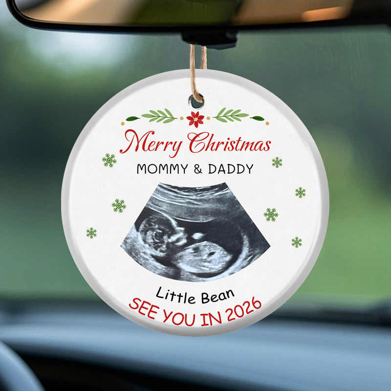 Merry Christmas Mommy & Daddy Baby Ultrasound Ornament, Custom Baby Name “See You in 2026”, Ceramic Keepsake for New Parents-to-Be