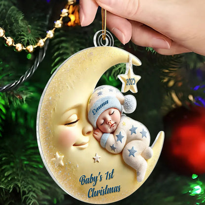 Custom moon-shaped ornament for a baby’s first Christmas, personalized design perfect for commemorating a newborn’s first holiday season.