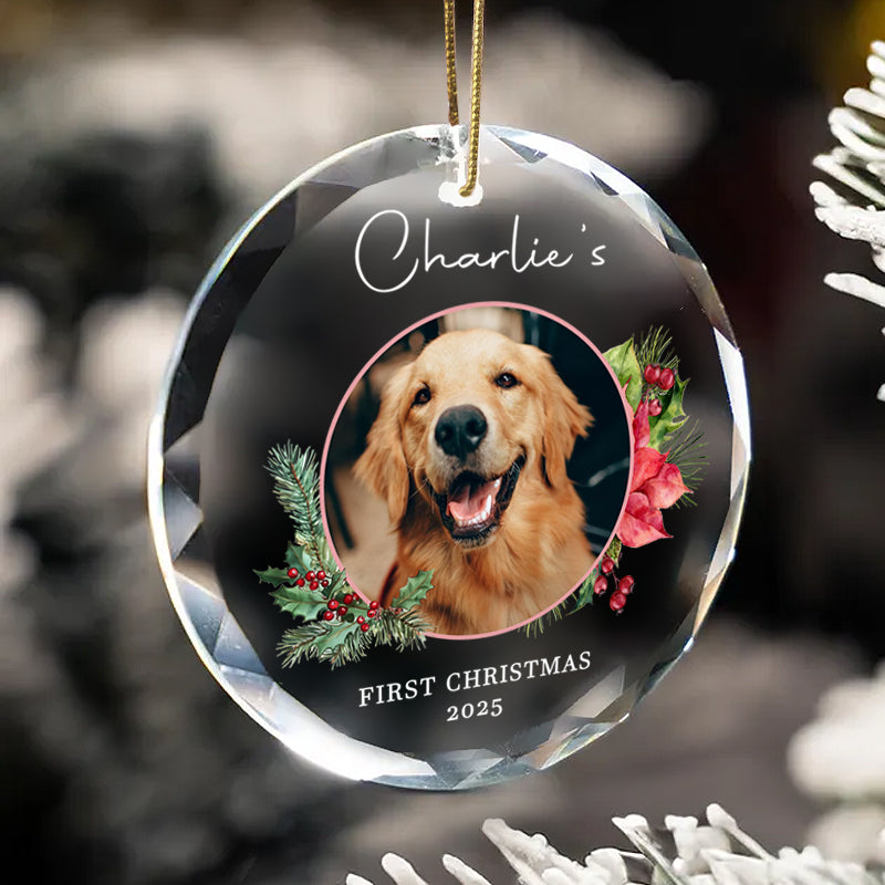 Custom crystal Christmas ornament with dog photo, "First Christmas 2025". Personalized pet holiday gift, optimized for SEO with pet, Christmas, and keepsake keywords.