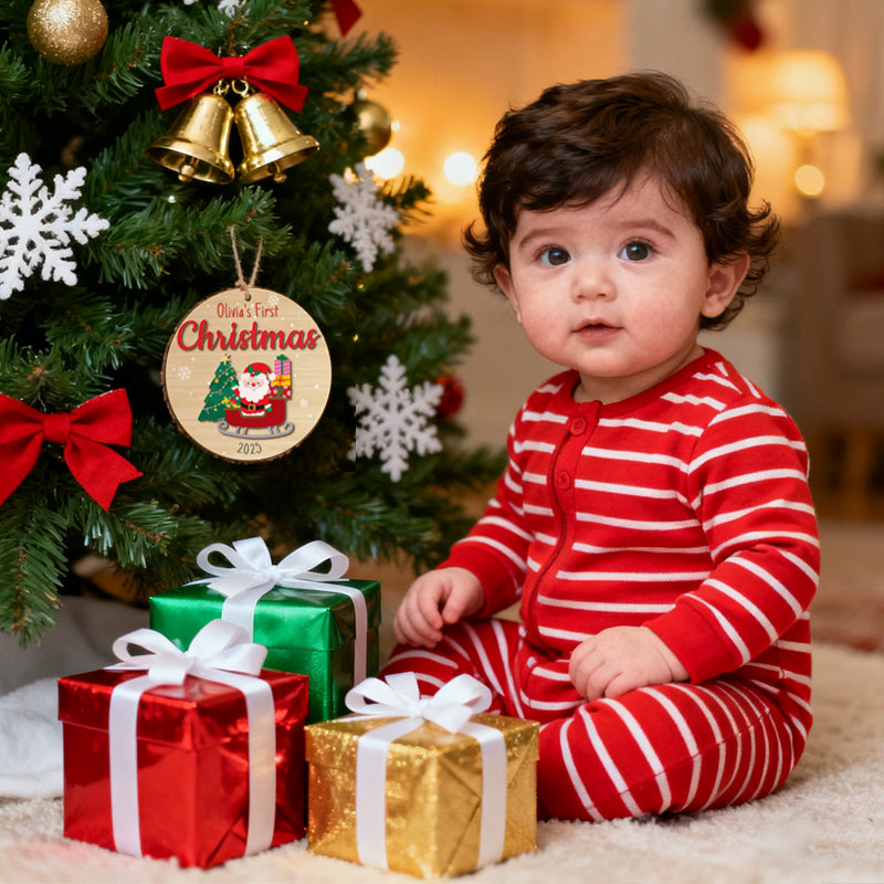 Custom First Christmas Ornament for Baby, Santa Themed Wooden Keepsake, Personalize with Baby Name and Commemorative Year
